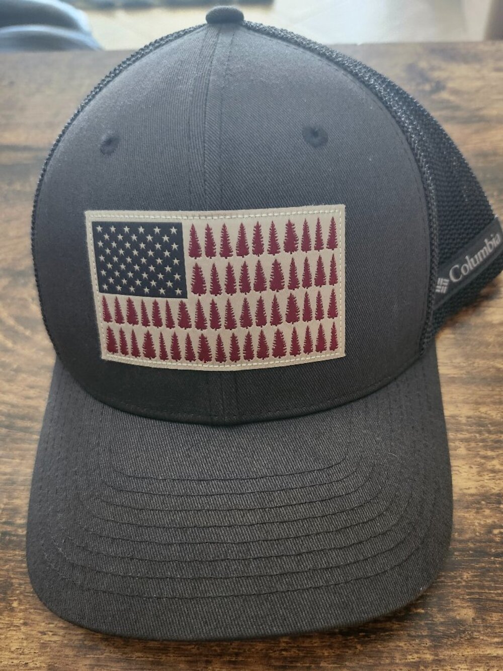 Columbia Stretch Mesh Tree Flag Ball Cap Flexfit Trucker Baseball Hat USED
